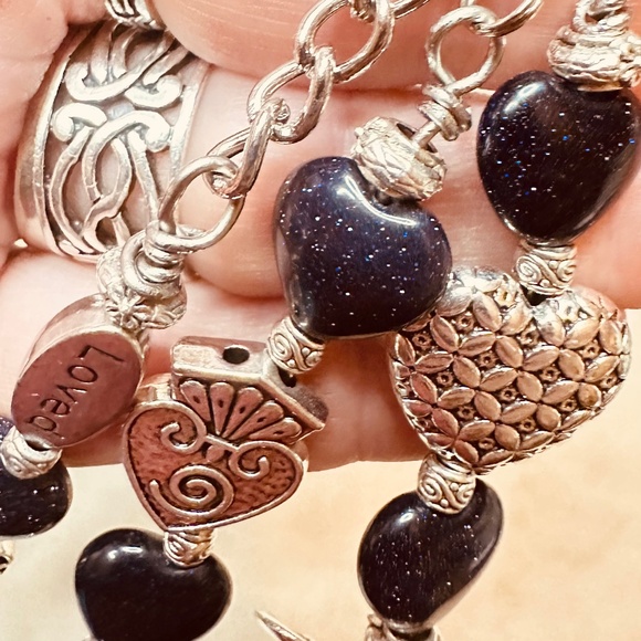 Silver Heart Keychain Bag Charm Glittery Blue Goldstone Hearts & 5 Silver Hearts - Picture 11 of 16